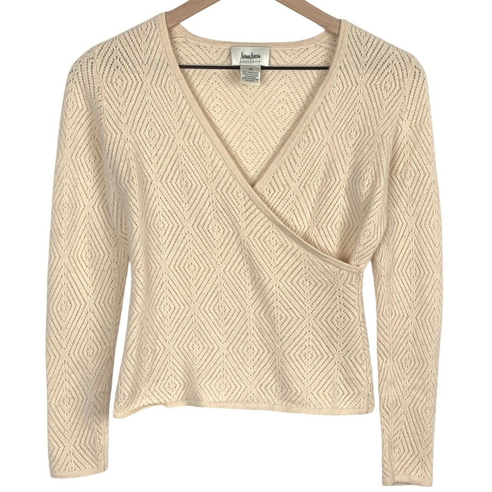 NEIMAN MARCUS Exclusive 100% Cashmere Wrap V-Neck Pointelle Sweater Sz M Cream